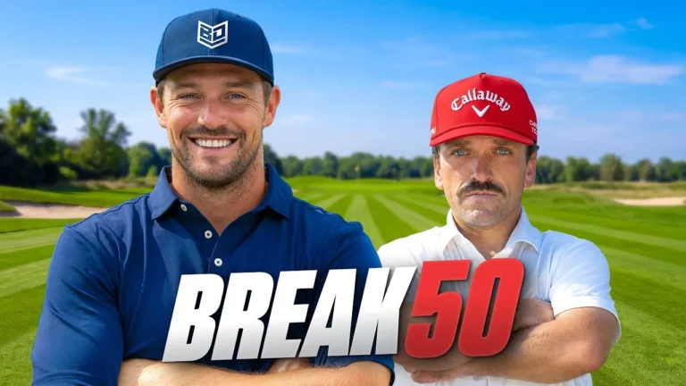 Ilustración de un golfista en un campo de golf con un marcador que muestra un reto de bajar de 50 golpes