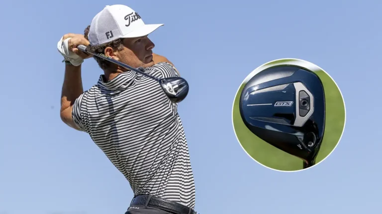 Ilustración de una bolsa de golf con madera, hierros y putter sobre el green de un campo japonés