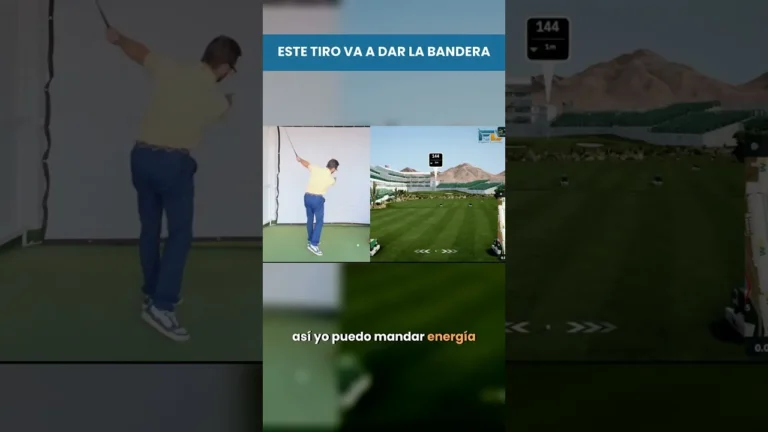 Ilustración de un golfista mirando el vuelo de la bola hacia una bandera en un simulador de golf