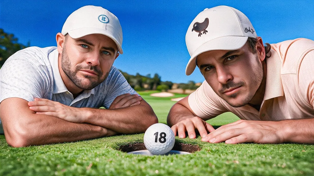 Ilustración de dos golfistas estilizados cara a cara en un tee, preparados para un duelo uno contra uno