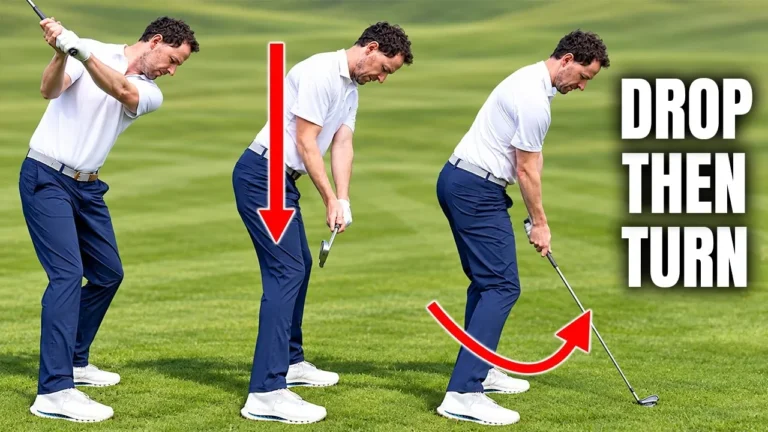Ilustración de un golfista haciendo el backswing en un campo de prácticas, sin personas reales reconocibles