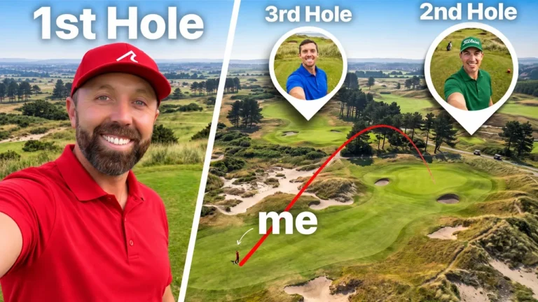 Ilustración de tres golfistas en el tee de salida de distintos hoyos de un campo, sin personas reales reconocibles