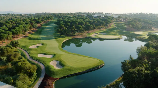 Ilustración de un campo de golf con calles verdes y un aspersor de riego al amanecer