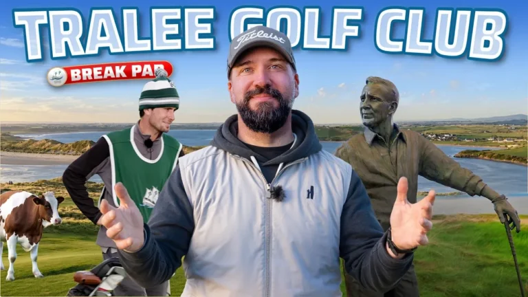 Ilustración de un golfista en la costa de un campo de golf irlandés al atardecer, sin personas reales reconocibles