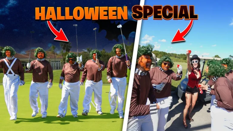Cinco personas disfrazadas de Oompa Loompa caminan por un campo de golf de noche; a la derecha, una mujer con sombrero.