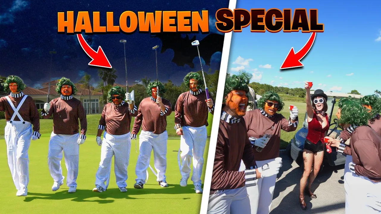 Cinco personas disfrazadas de Oompa Loompa caminan por un campo de golf de noche; a la derecha, una mujer con sombrero.