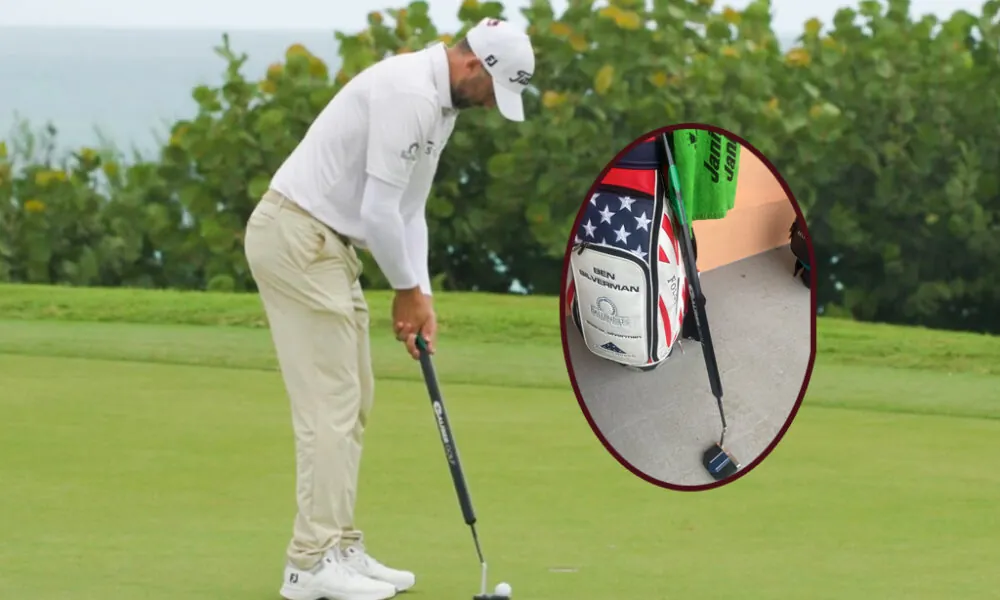 Golfista de gorra y camisa blancas hace un putt en el green; recuadro con bolsa de golf con bandera de EE. UU.