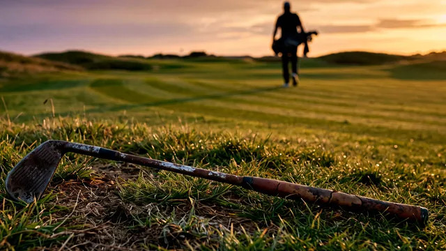 Palo de golf viejo y oxidado tirado en la hierba; al fondo, un golfista con bolsa en silueta al atardecer