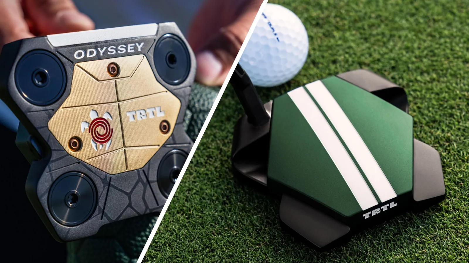 Dos putters Odyssey TRTL, uno negro y dorado y otro verde con franjas blancas, sobre hierba y junto a una pelota de golf
