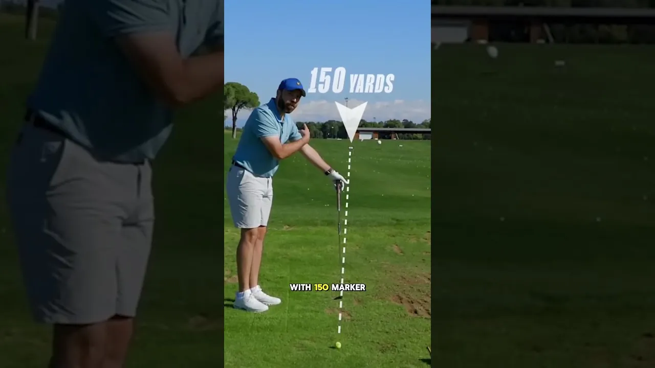 Rick Shiels con polo azul y gorra azul apuntando en un campo de prácticas, con marca de 150 yardas sobre la hierba