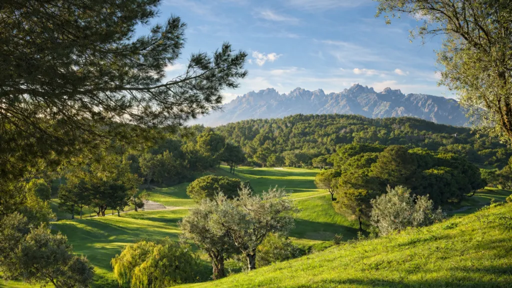 Calle de un campo de golf entre viñedos con la montaña de Montserrat al fondo