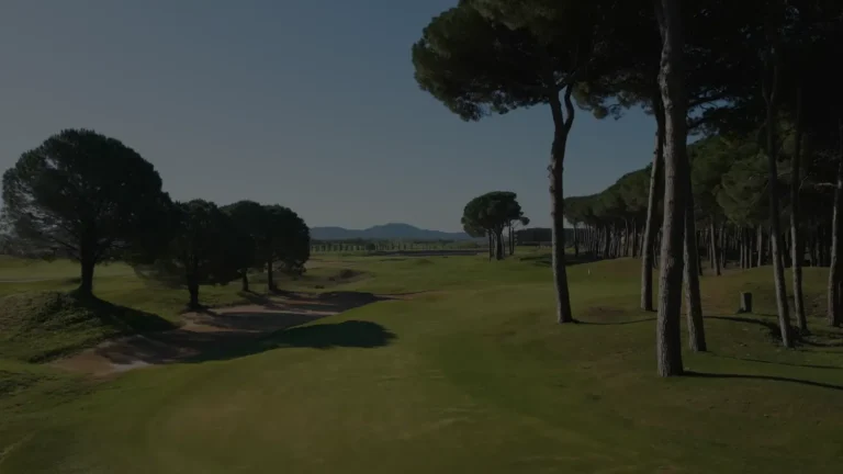 Calle de un campo de golf junto a un lago al atardecer, ilustración sin personas