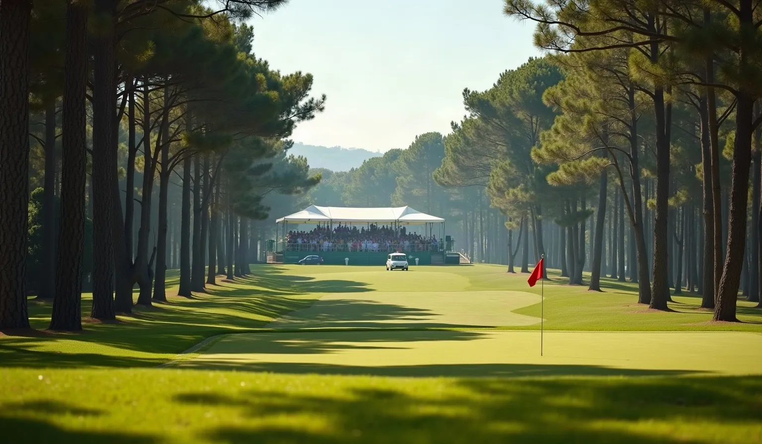 Campo de golf con pinos altos, un green con bandera roja y una grada con público bajo una carpa blanca al fondo.