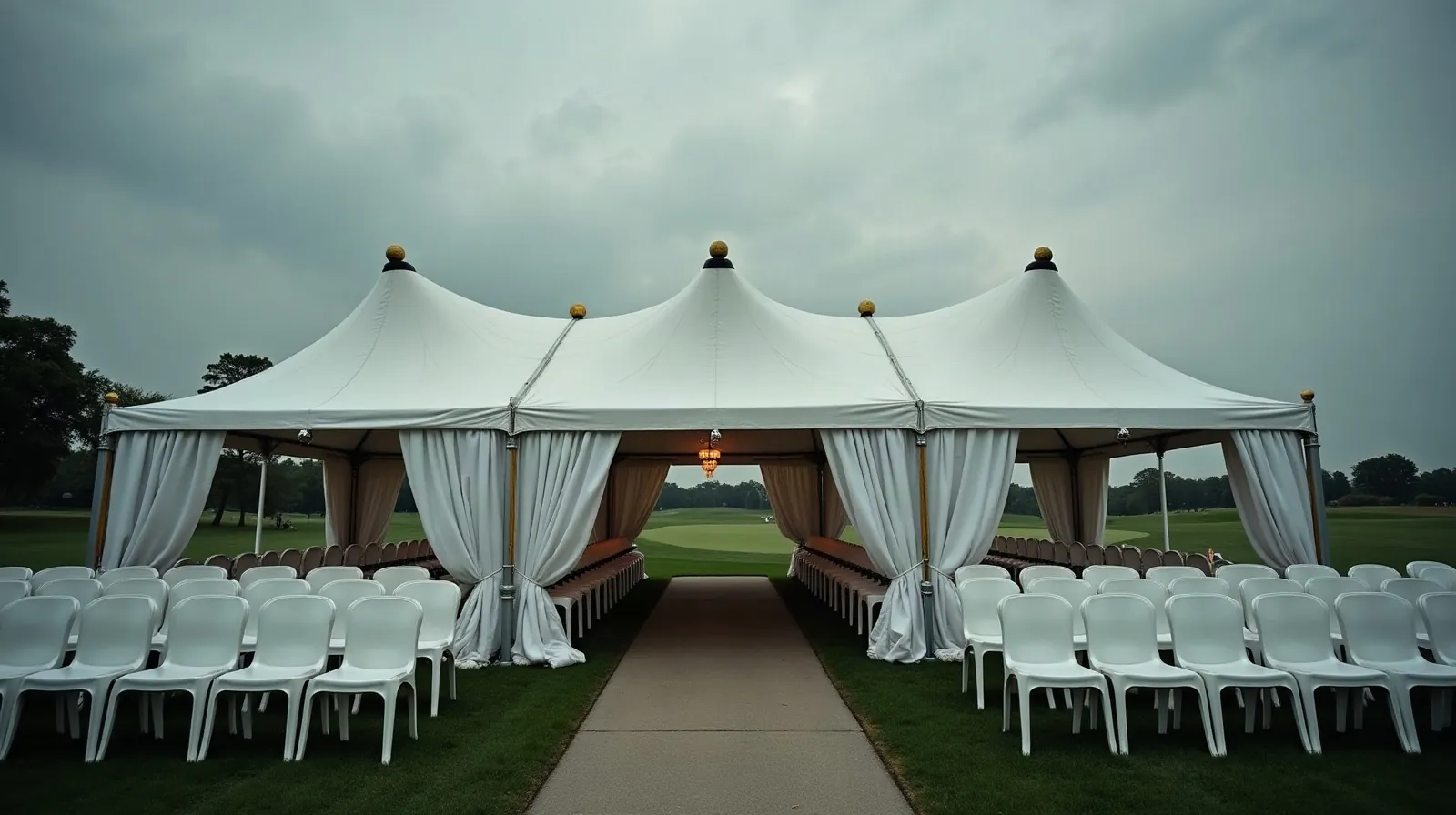 Carpa VIP vacía en un campo de golf tras un torneo