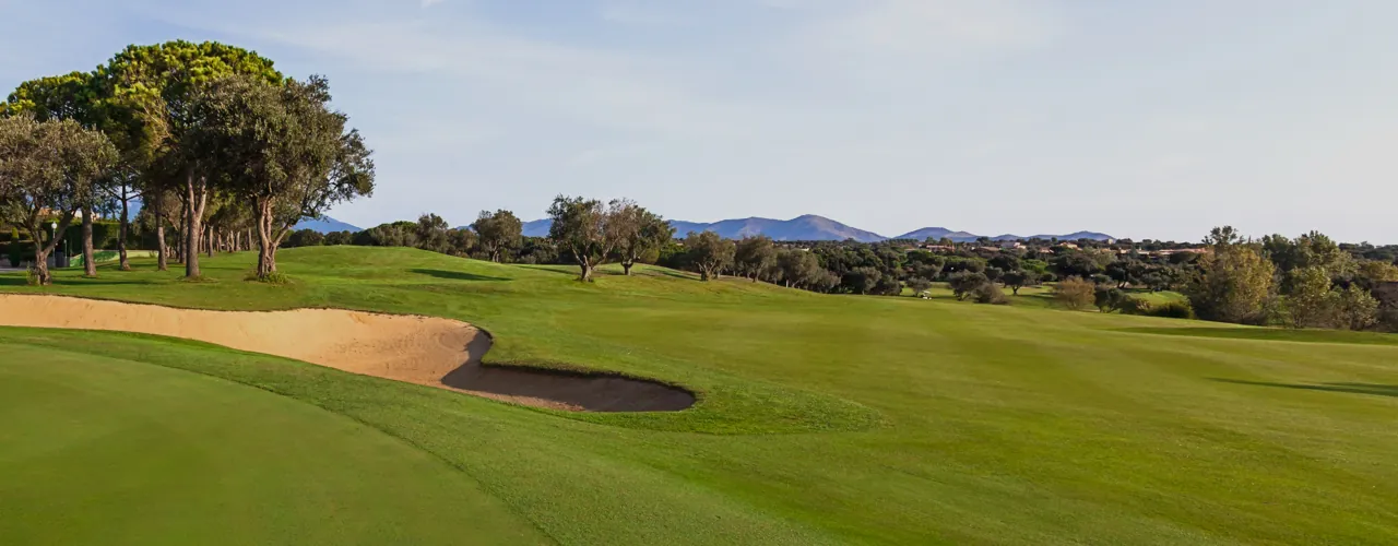 Ilustración de un campo de golf de parque con alcornoques, viñedos y un lago al fondo, en el Empordà