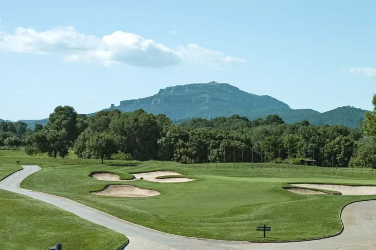 Ilustración de un campo de golf parkland con calles amplias y bosque al fondo, sin personas